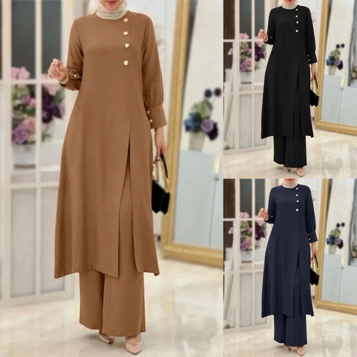 Elegant Two-Piece Muslim Women's Wear – Solid Color Modest Fashion Outfit