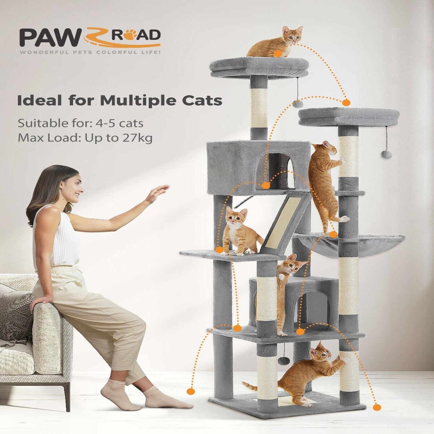 180cm Large Multi-Level Cat Tree – Indoor Cat Tower with Scratching Posts, 2 Perches, 2 Condos, Hammock & Pompoms – Grey