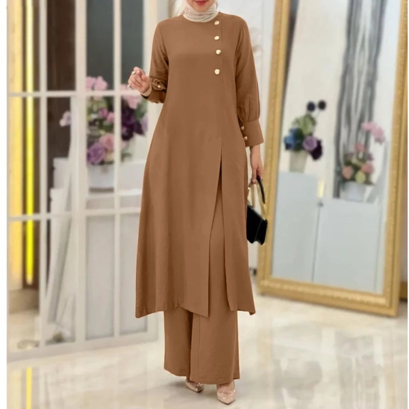 Elegant Two-Piece Muslim Women's Wear – Solid Color Modest Fashion Outfit
