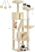 180cm Large Multi-Level Cat Tree – Indoor Cat Tower with Scratching Posts, 2 Perches, 2 Condos, Hammock & Pompoms – Grey