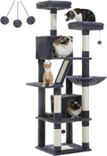 180cm Large Multi-Level Cat Tree – Indoor Cat Tower with Scratching Posts, 2 Perches, 2 Condos, Hammock & Pompoms – Grey