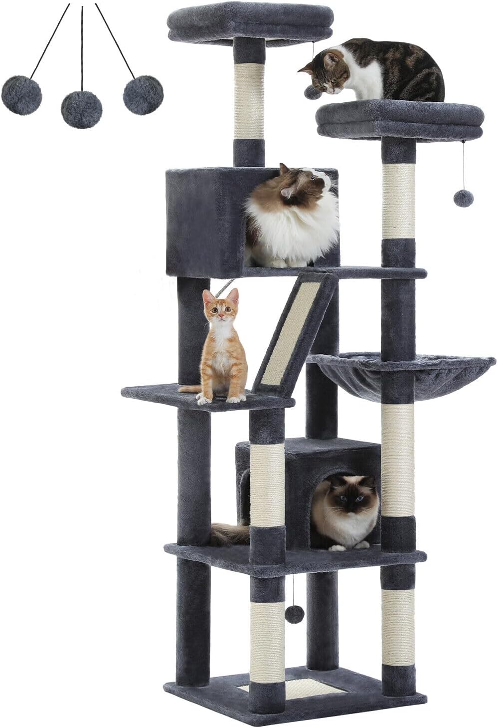 180cm Large Multi-Level Cat Tree – Indoor Cat Tower with Scratching Posts, 2 Perches, 2 Condos, Hammock & Pompoms – Grey