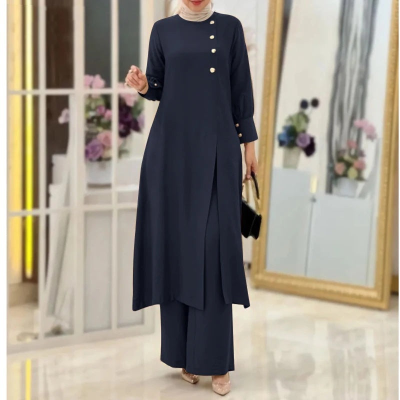 Elegant Two-Piece Muslim Women's Wear – Solid Color Modest Fashion Outfit