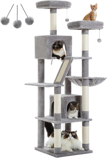 180cm Large Multi-Level Cat Tree – Indoor Cat Tower with Scratching Posts, 2 Perches, 2 Condos, Hammock & Pompoms – Grey