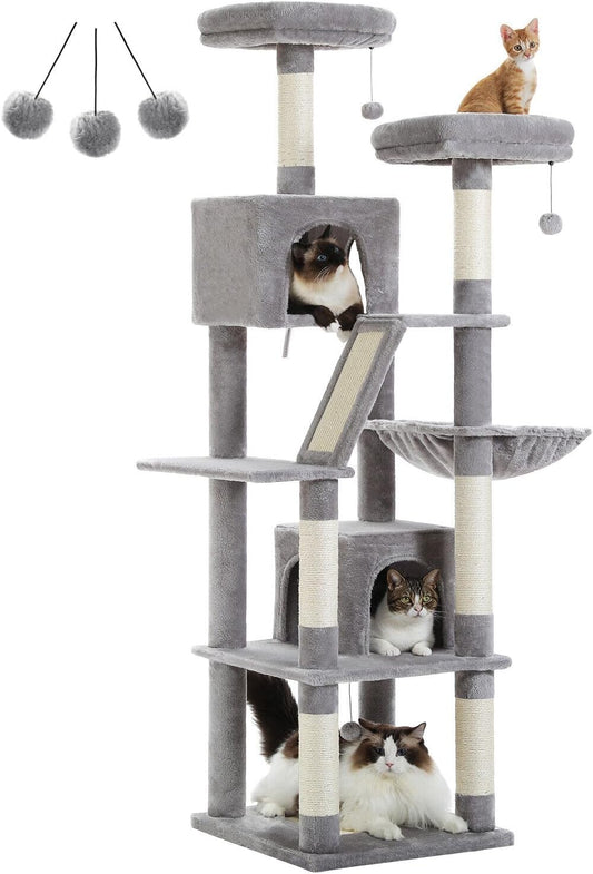 180cm Large Multi-Level Cat Tree – Indoor Cat Tower with Scratching Posts, 2 Perches, 2 Condos, Hammock & Pompoms – Grey