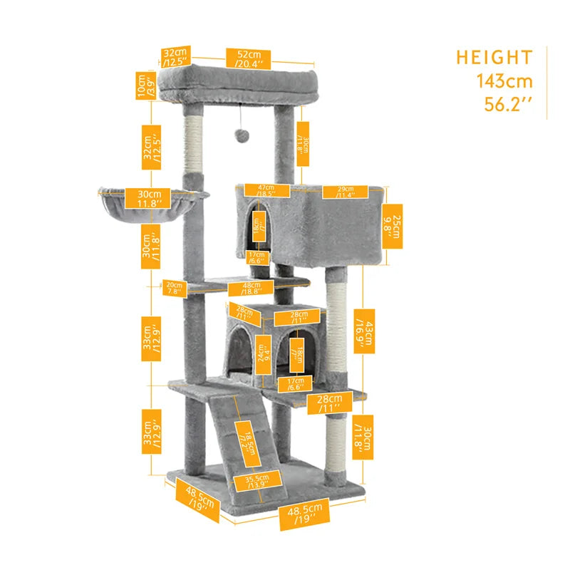 Large multi-layer cat tree tower with scratching posts, hammocks, and cozy condo for indoor cats