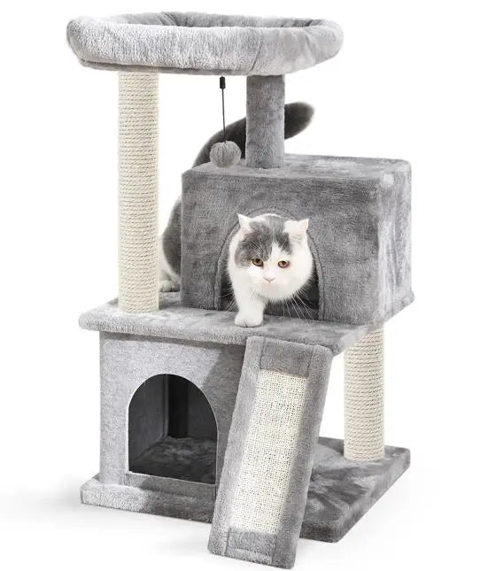 Multi-level cat tree tower with scratching posts and plush condo, space-saving cat furniture, activity stand house for small spaces