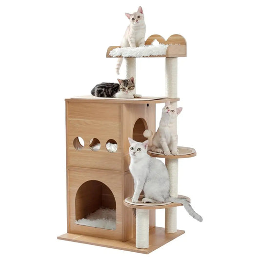 Multi-level cat tree tower with scratching posts and plush condo, space-saving cat furniture, activity stand house for small spaces