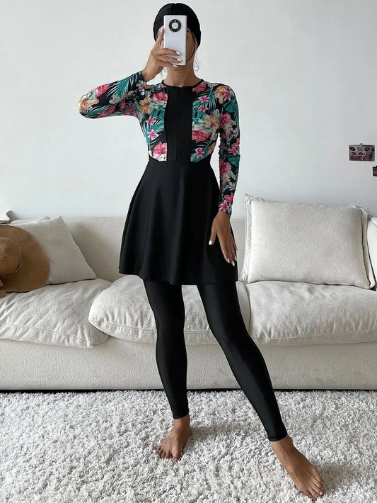 Fashionable Floral Printed Burkini Set – Full-Cover Muslim Swimwear for Women