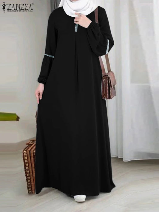 ZANZEA Fashion Muslim Abaya – Women's Casual Sequin Sundress, Solid Party Holiday Dress, Long Sleeve Islamic Clothing