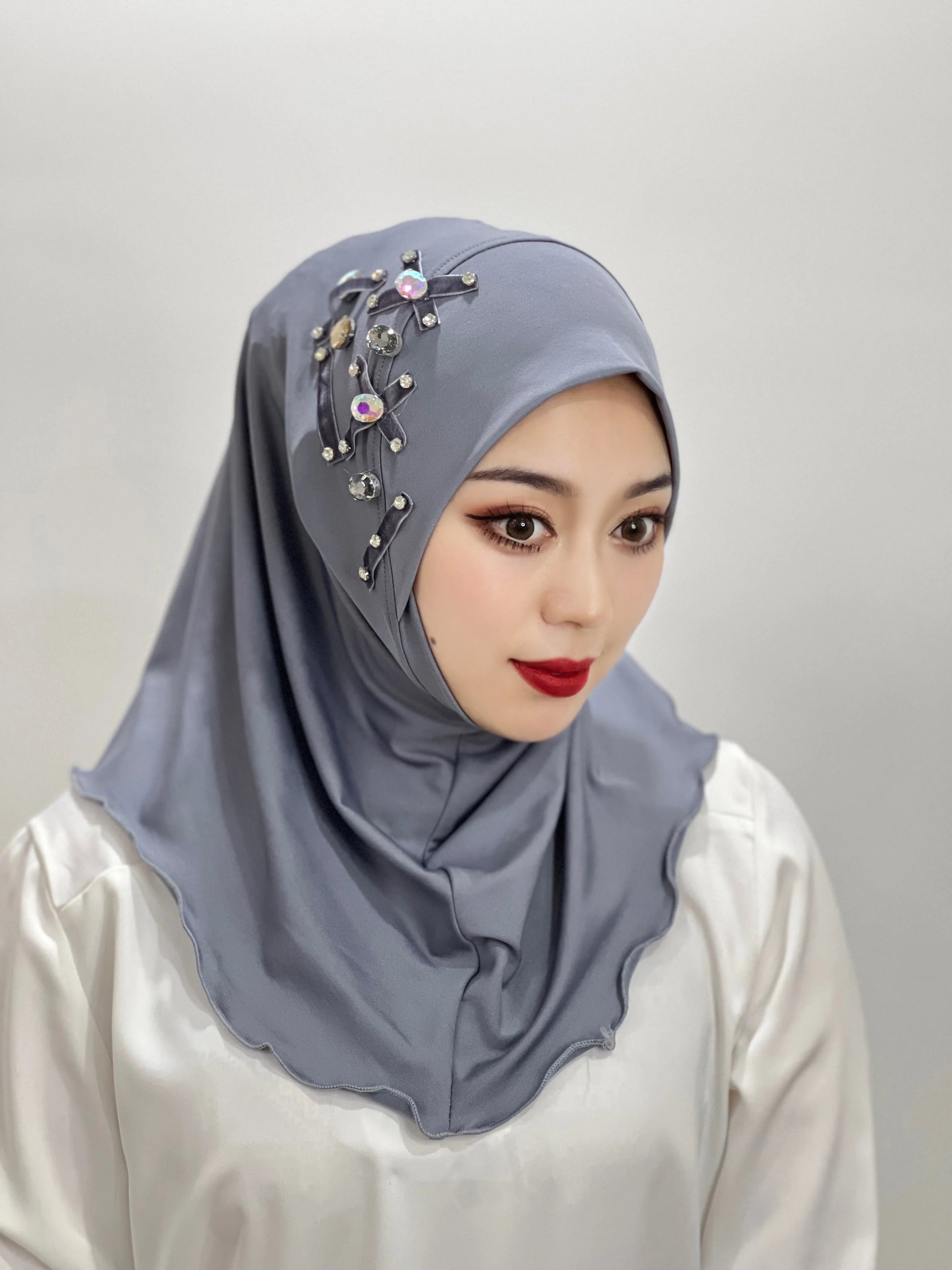 Islamic Flowers Solid Color Hijab – Hand-Beaded Cross Pattern Scarf, Women's Muslim Headband, Instant Shawl, Turkey
