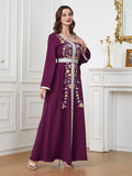 Siskakia Fashion Ethnic Abaya – Solid Embroidery Beaded Full Sleeve V-Neck Tunic Robe for Muslim Women, Morocco Dubai Clothing