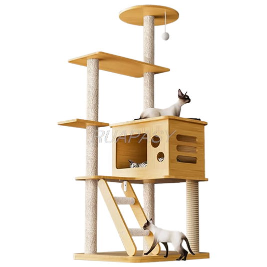 Integrated Multi-Level Cat Tree Nest Wood Cat Climbing Frame Shelf Space Capsule Post Condo Scratching Jumping Platform Tower