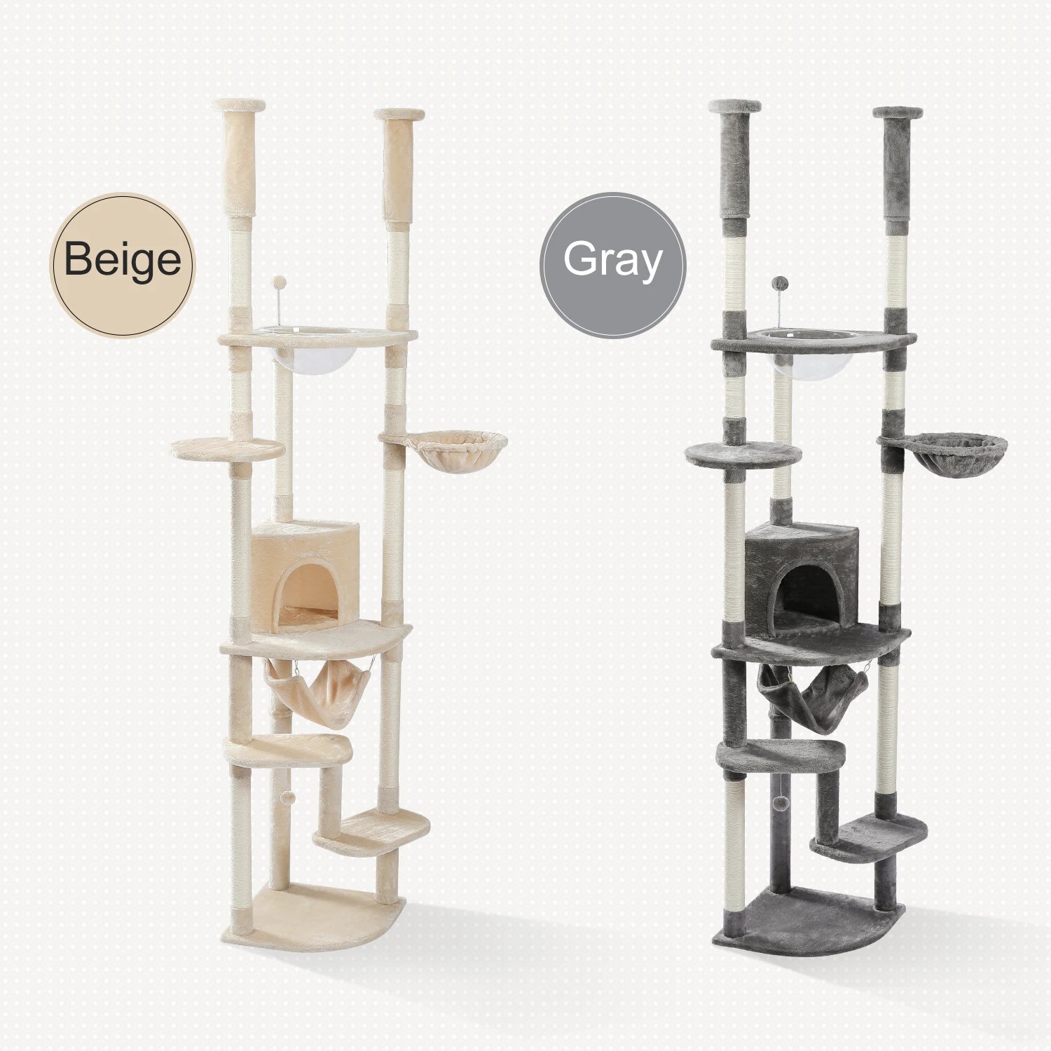 Adjustable tall cat scratching post 236-258cm, multi-level cat tower with hammock, condo, cozy kitten furniture, pet cat tree with toys