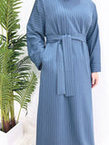 Pinstripe Muslim Women's Dress – Loose Casual Islamic Clothing, Dubai Abaya with Side Pockets, Modest Outfit for Ramadan, Eid, and Autumn
