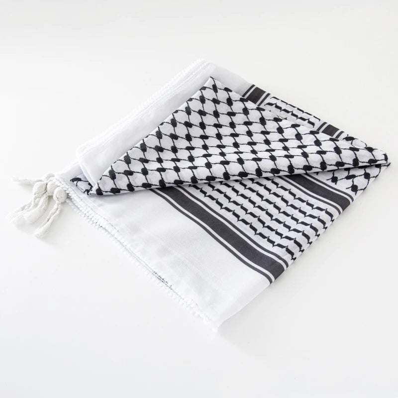 Classic Plaid Print Hijab Scarf - Black & White Shemagh with Pompom Tassels, Muslim Headscarf, Women’s Arab Keffiyeh