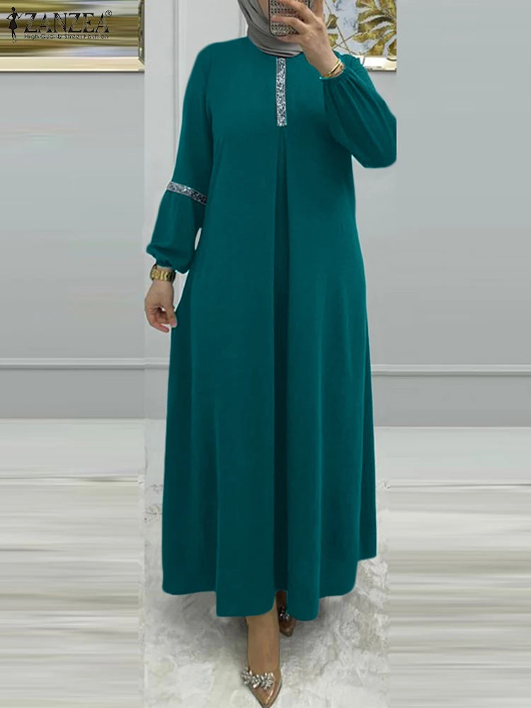 ZANZEA Fashion Muslim Abaya – Women's Casual Sequin Sundress, Solid Party Holiday Dress, Long Sleeve Islamic Clothing
