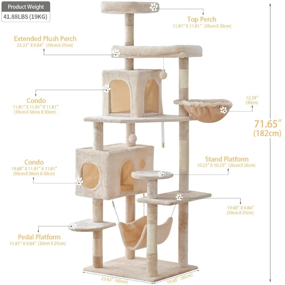 New 2023 Multi-Level Cat Tree – 71.6-Inch Tall Cat Tower for Indoor Cats with Scratching Posts & Cozy Condo Furniture