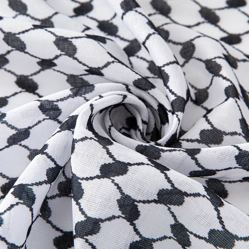 Classic Plaid Print Hijab Scarf - Black & White Shemagh with Pompom Tassels, Muslim Headscarf, Women’s Arab Keffiyeh