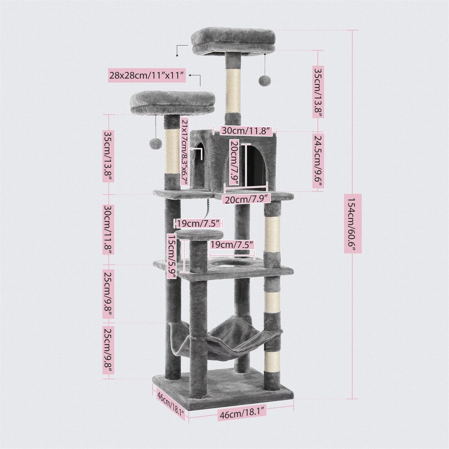 Large multi-layer cat tree tower with scratching posts, hammocks, and cozy condo for indoor cats