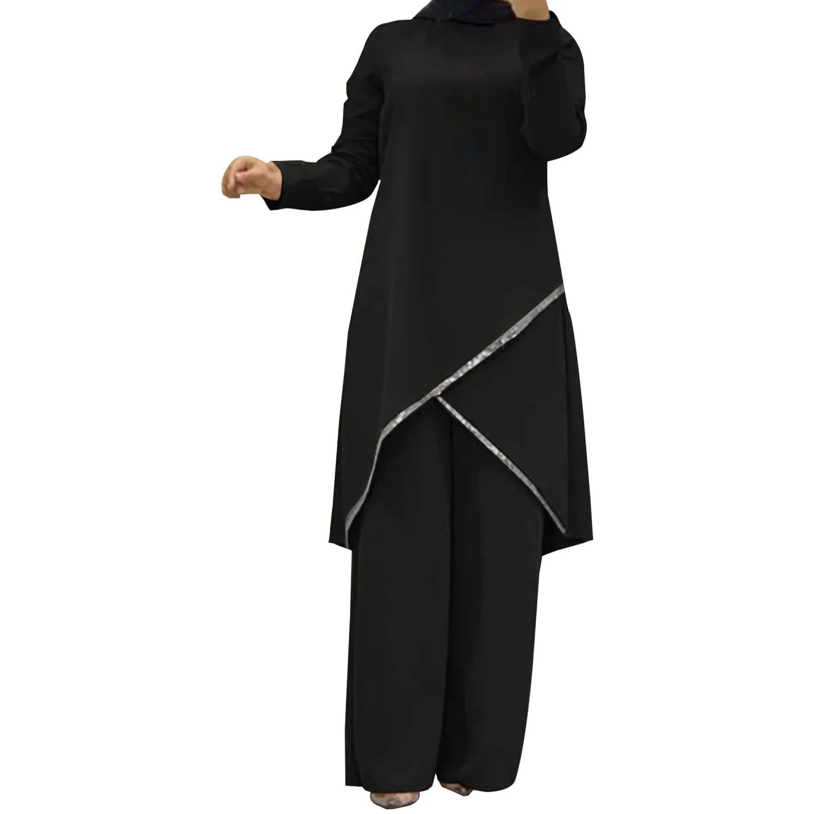 New Muslim Long Sleeve Blouse Abaya Suits with Sequins, 2PCS Islamic Clothing, Fashionable Urban Tracksuit