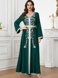 Siskakia Fashion Ethnic Abaya – Solid Embroidery Beaded Full Sleeve V-Neck Tunic Robe for Muslim Women, Morocco Dubai Clothing