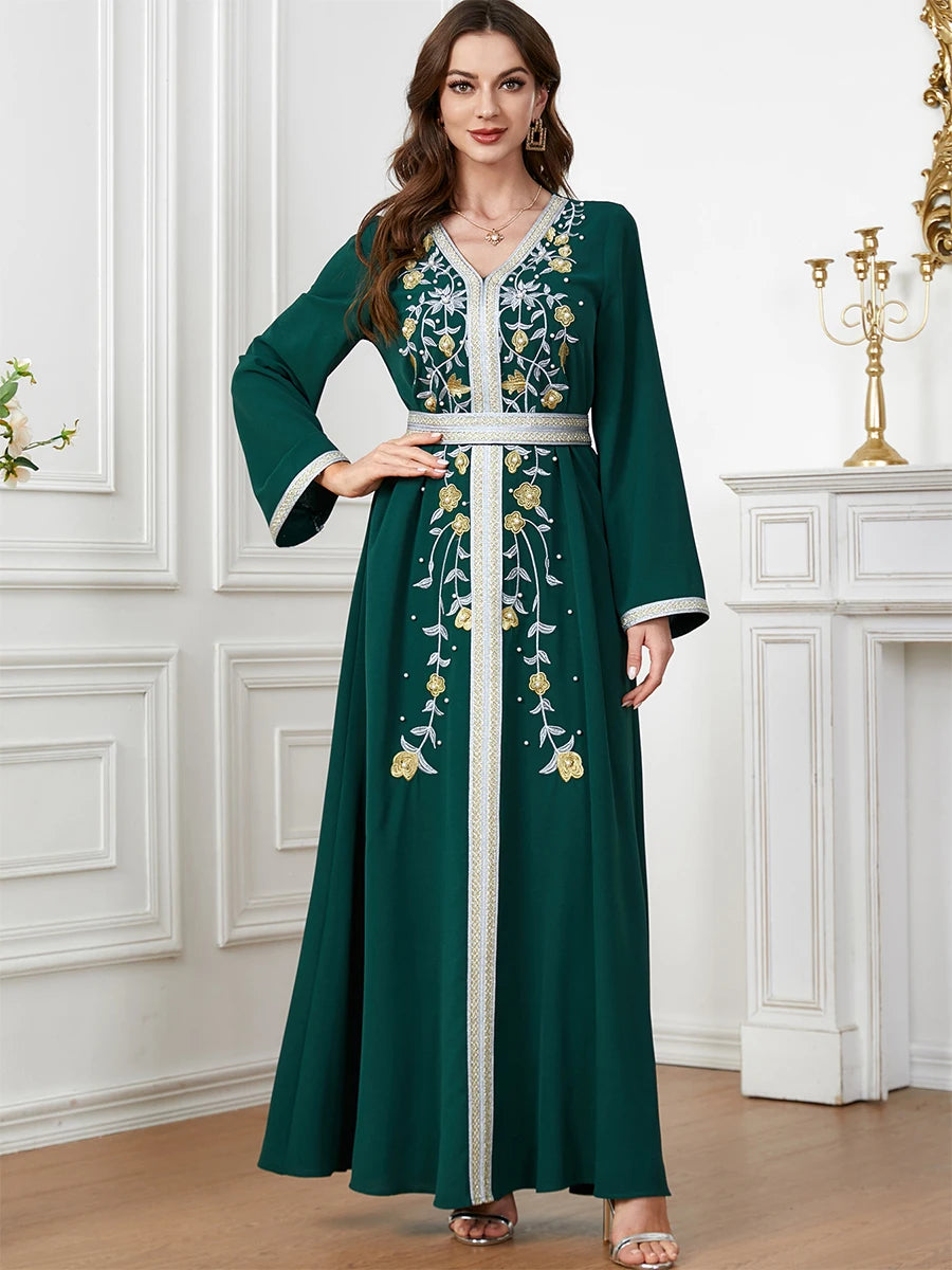 Siskakia Fashion Ethnic Abaya – Solid Embroidery Beaded Full Sleeve V-Neck Tunic Robe for Muslim Women, Morocco Dubai Clothing