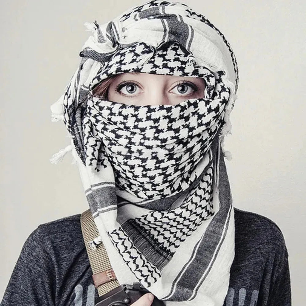 Classic Plaid Print Hijab Scarf - Black & White Shemagh with Pompom Tassels, Muslim Headscarf, Women’s Arab Keffiyeh