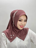 Islamic Flowers Solid Color Hijab – Hand-Beaded Cross Pattern Scarf, Women's Muslim Headband, Instant Shawl, Turkey