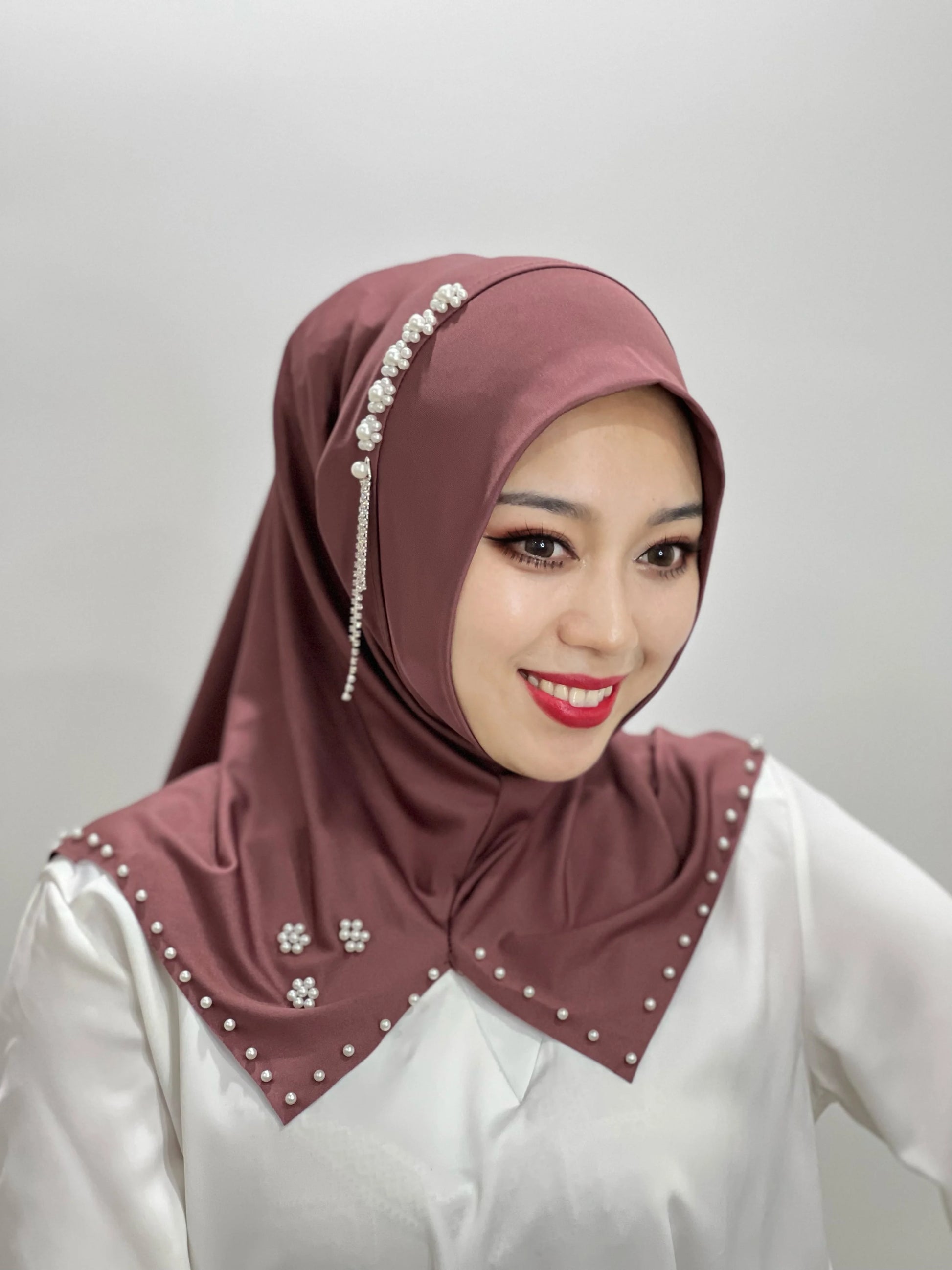 Islamic Flowers Solid Color Hijab – Hand-Beaded Cross Pattern Scarf, Women's Muslim Headband, Instant Shawl, Turkey
