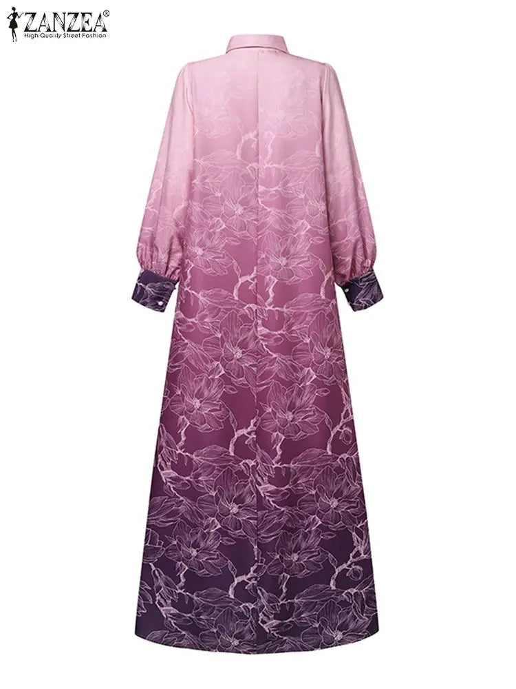 ZANZEA Lantern Sleeve Islamic Dubai Maxi Dress – 2024 Spring Loose Fashion Printed Gradient Muslim Abaya