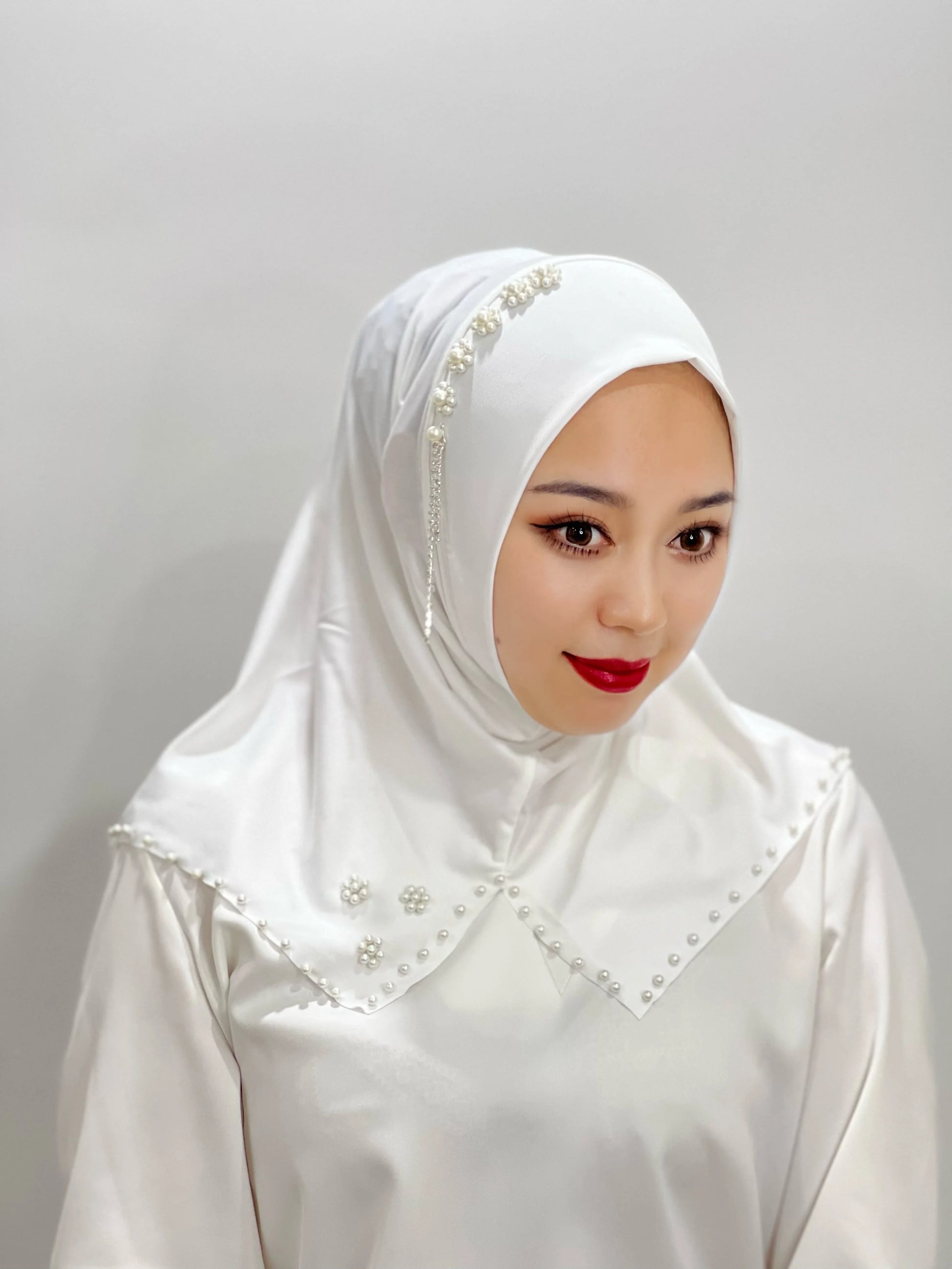 Islamic Flowers Solid Color Hijab – Hand-Beaded Cross Pattern Scarf, Women's Muslim Headband, Instant Shawl, Turkey