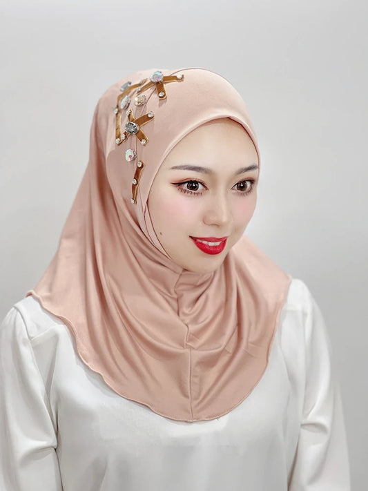Islamic Flowers Solid Color Hijab – Hand-Beaded Cross Pattern Scarf, Women's Muslim Headband, Instant Shawl, Turkey