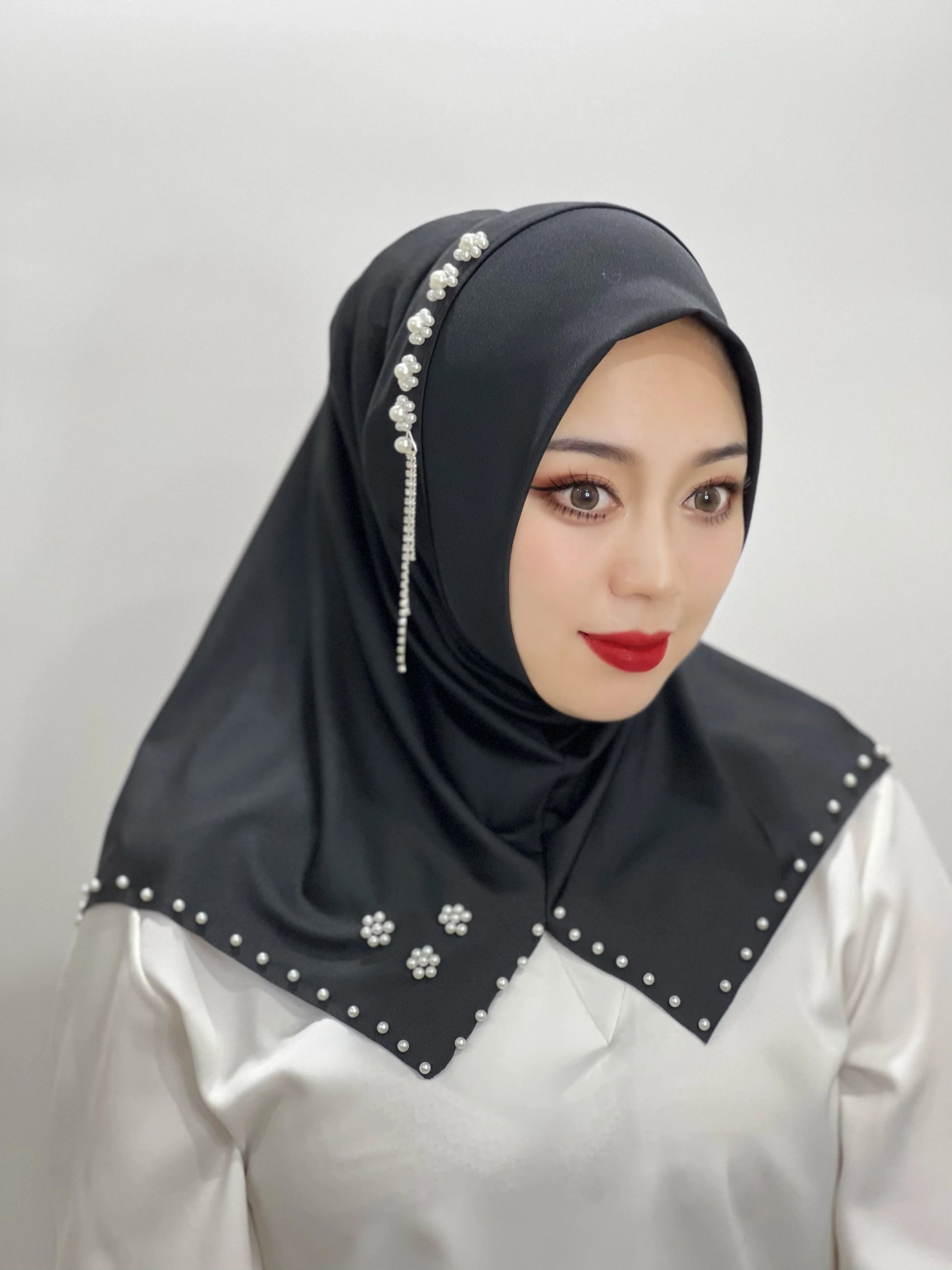 Islamic Flowers Solid Color Hijab – Hand-Beaded Cross Pattern Scarf, Women's Muslim Headband, Instant Shawl, Turkey