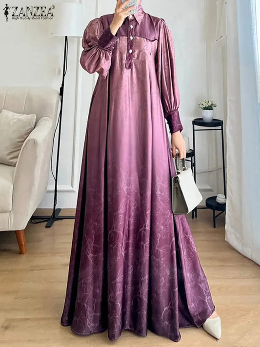 ZANZEA Lantern Sleeve Islamic Dubai Maxi Dress – 2024 Spring Loose Fashion Printed Gradient Muslim Abaya