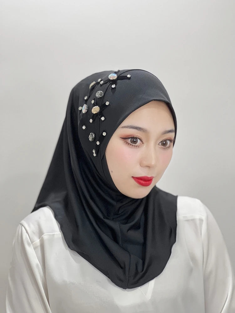 Islamic Flowers Solid Color Hijab – Hand-Beaded Cross Pattern Scarf, Women's Muslim Headband, Instant Shawl, Turkey