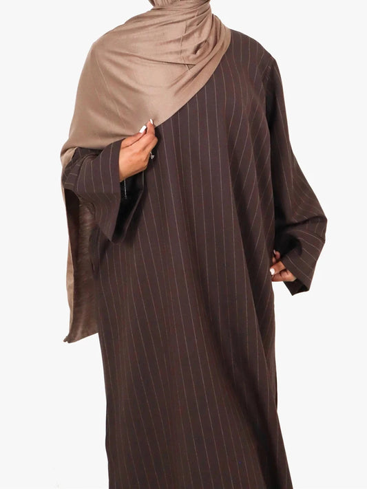 Pinstripe Muslim Women's Dress – Loose Casual Islamic Clothing, Dubai Abaya with Side Pockets, Modest Outfit for Ramadan, Eid, and Autumn