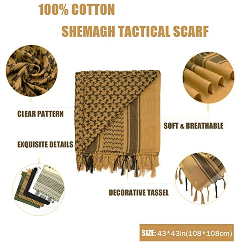 Tactical Shemagh Keffiyeh Scarf – 43x43 Inch Arab Head & Neck Wrap with Tassels for Men & Women, Desert Military Style