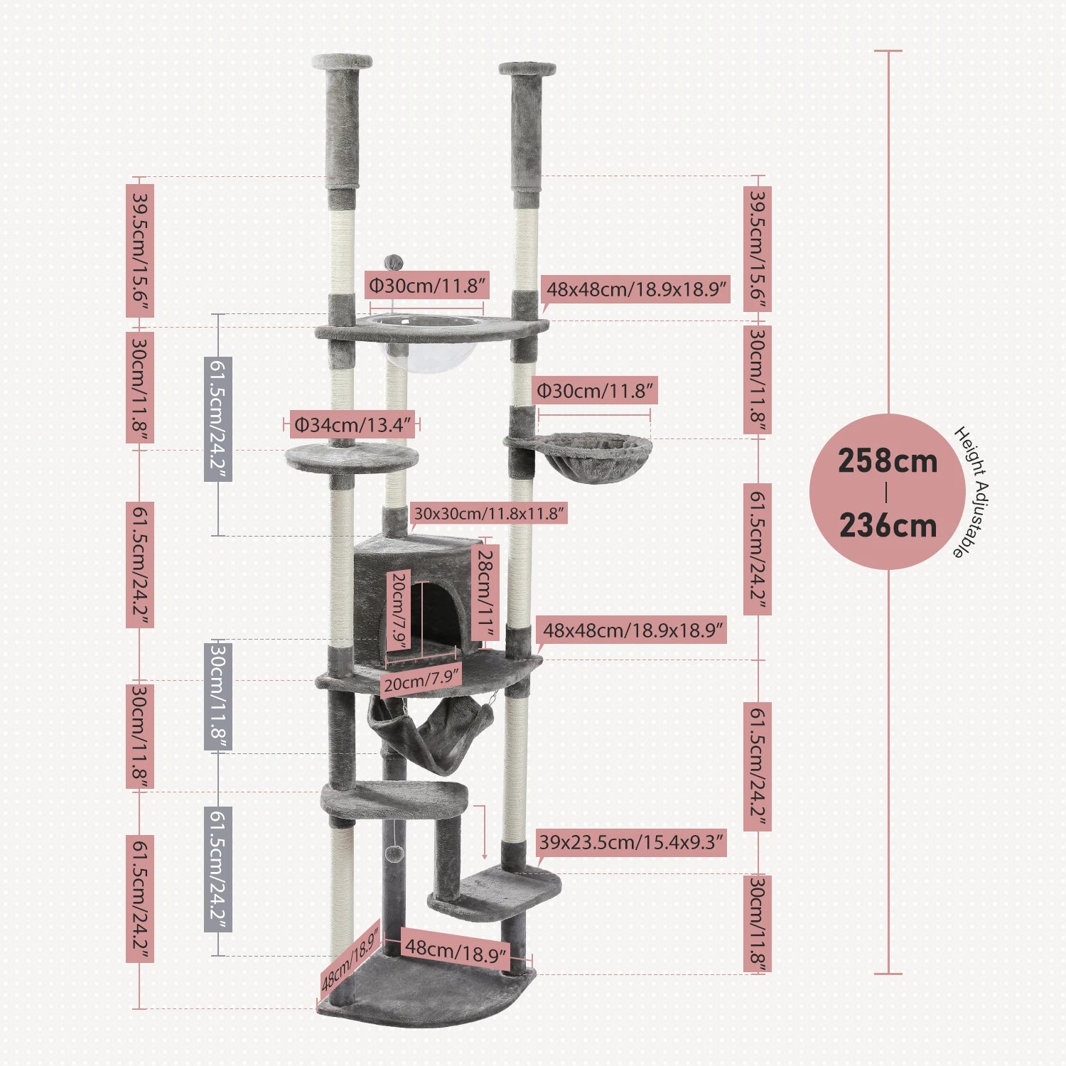 Adjustable tall cat scratching post 236-258cm, multi-level cat tower with hammock, condo, cozy kitten furniture, pet cat tree with toys