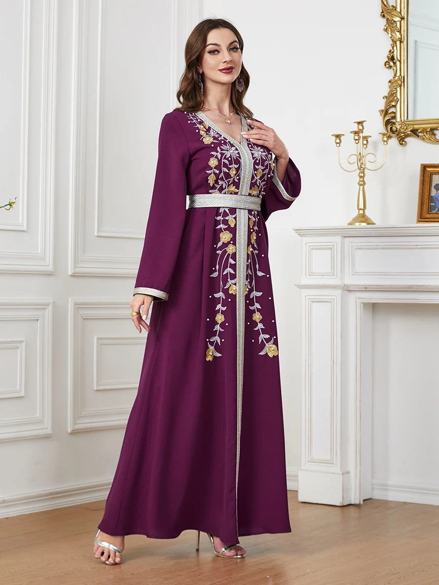 Siskakia Fashion Ethnic Abaya – Solid Embroidery Beaded Full Sleeve V-Neck Tunic Robe for Muslim Women, Morocco Dubai Clothing