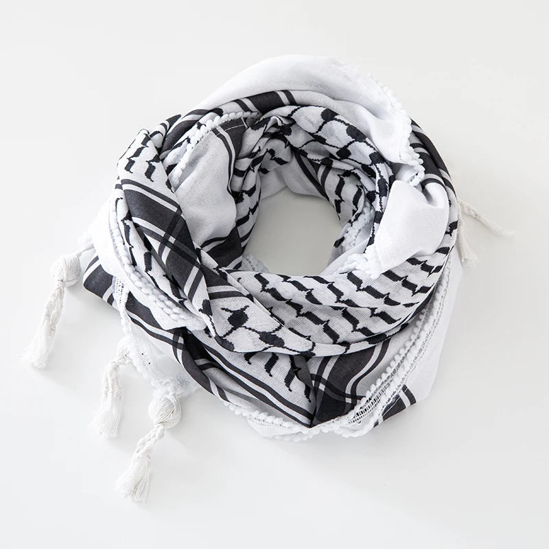 Classic Plaid Print Hijab Scarf - Black & White Shemagh with Pompom Tassels, Muslim Headscarf, Women’s Arab Keffiyeh