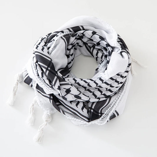 Classic Plaid Print Hijab Scarf - Black & White Shemagh with Pompom Tassels, Muslim Headscarf, Women’s Arab Keffiyeh