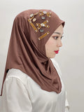 Islamic Flowers Solid Color Hijab – Hand-Beaded Cross Pattern Scarf, Women's Muslim Headband, Instant Shawl, Turkey