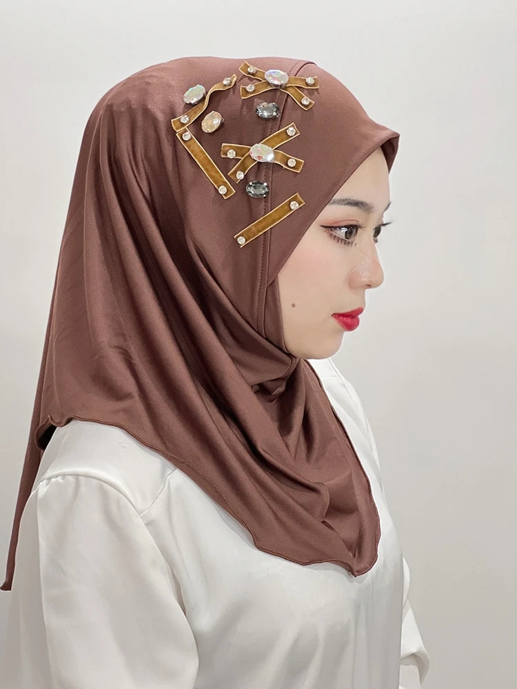 Islamic Flowers Solid Color Hijab – Hand-Beaded Cross Pattern Scarf, Women's Muslim Headband, Instant Shawl, Turkey