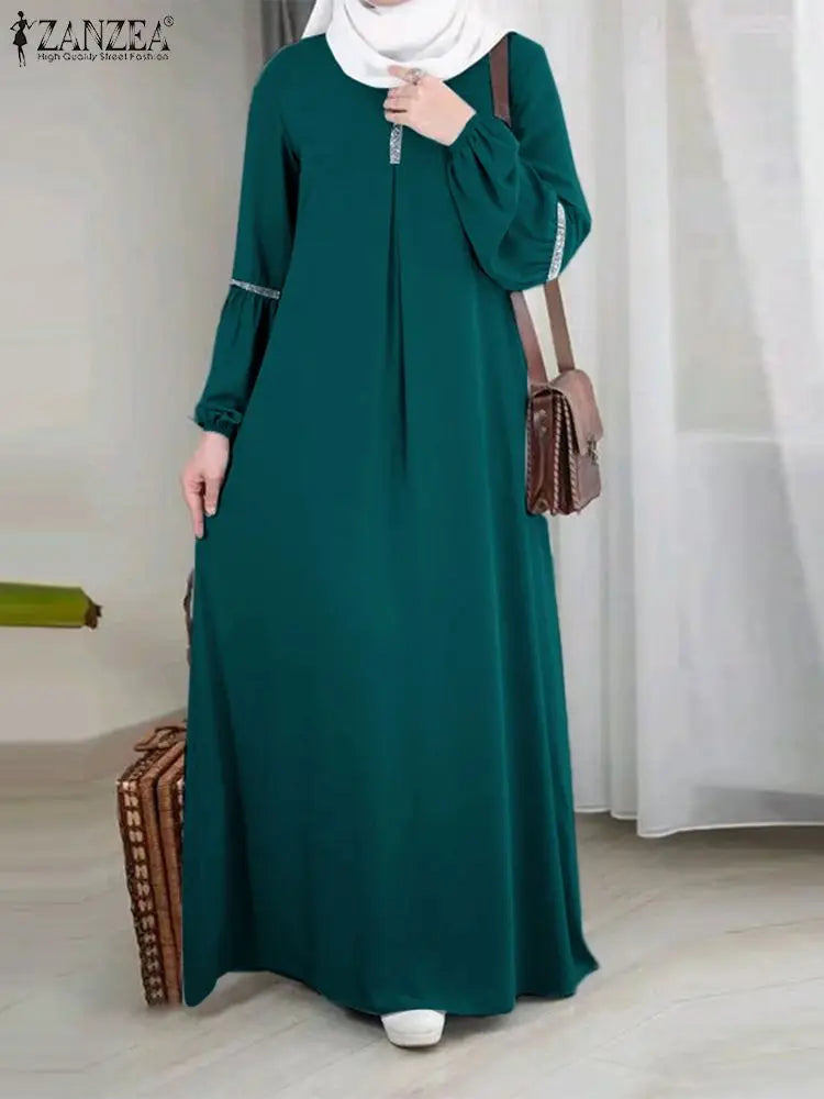 ZANZEA Fashion Muslim Abaya – Women's Casual Sequin Sundress, Solid Party Holiday Dress, Long Sleeve Islamic Clothing