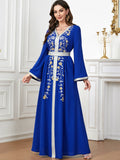 Siskakia Fashion Ethnic Abaya – Solid Embroidery Beaded Full Sleeve V-Neck Tunic Robe for Muslim Women, Morocco Dubai Clothing