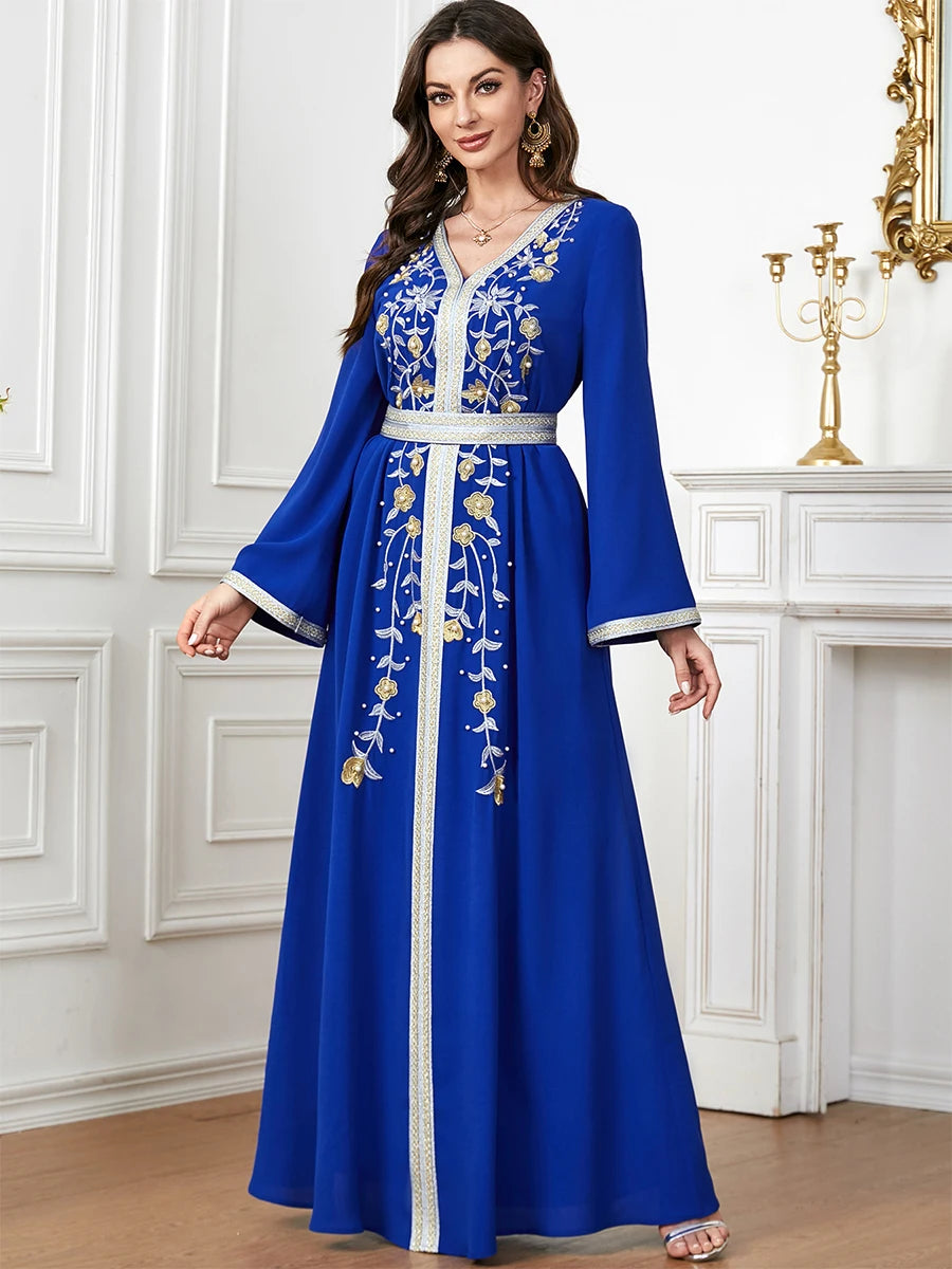 Siskakia Fashion Ethnic Abaya – Solid Embroidery Beaded Full Sleeve V-Neck Tunic Robe for Muslim Women, Morocco Dubai Clothing