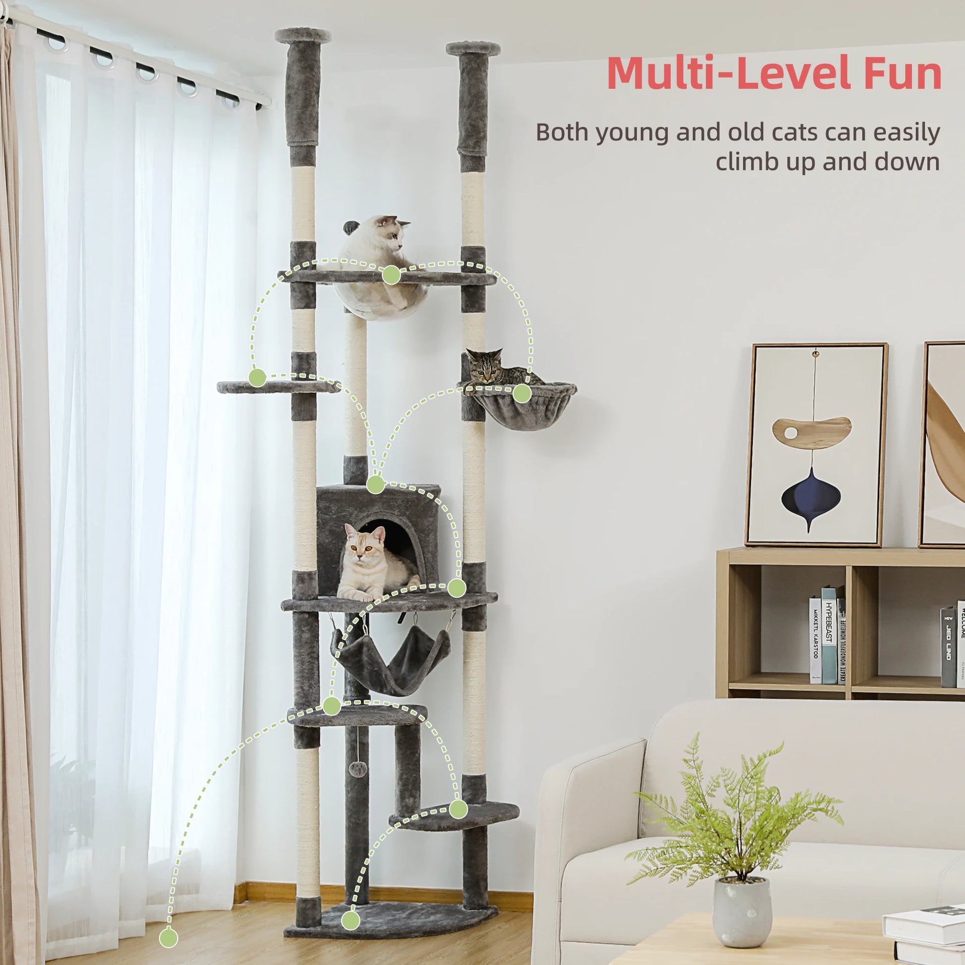 Adjustable tall cat scratching post 236-258cm, multi-level cat tower with hammock, condo, cozy kitten furniture, pet cat tree with toys
