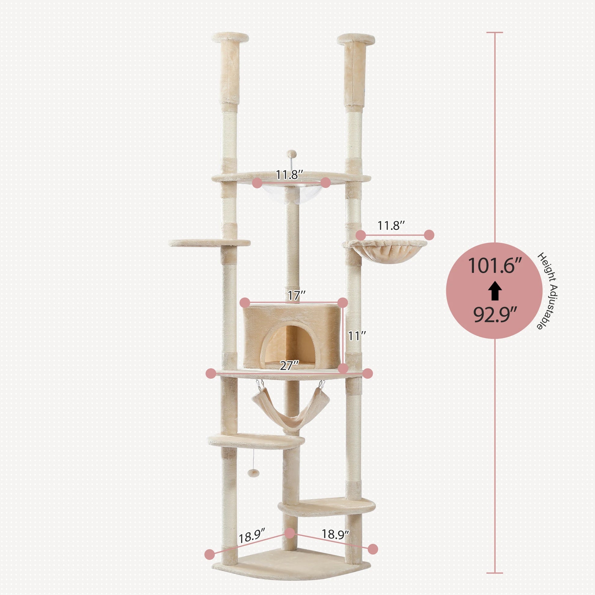 Adjustable tall cat scratching post 236-258cm, multi-level cat tower with hammock, condo, cozy kitten furniture, pet cat tree with toys