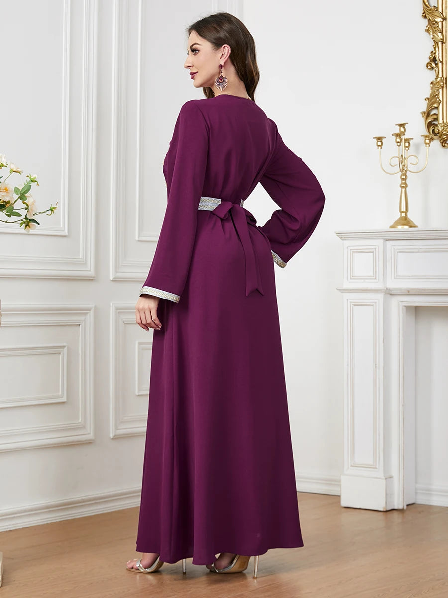 Siskakia Fashion Ethnic Abaya – Solid Embroidery Beaded Full Sleeve V-Neck Tunic Robe for Muslim Women, Morocco Dubai Clothing